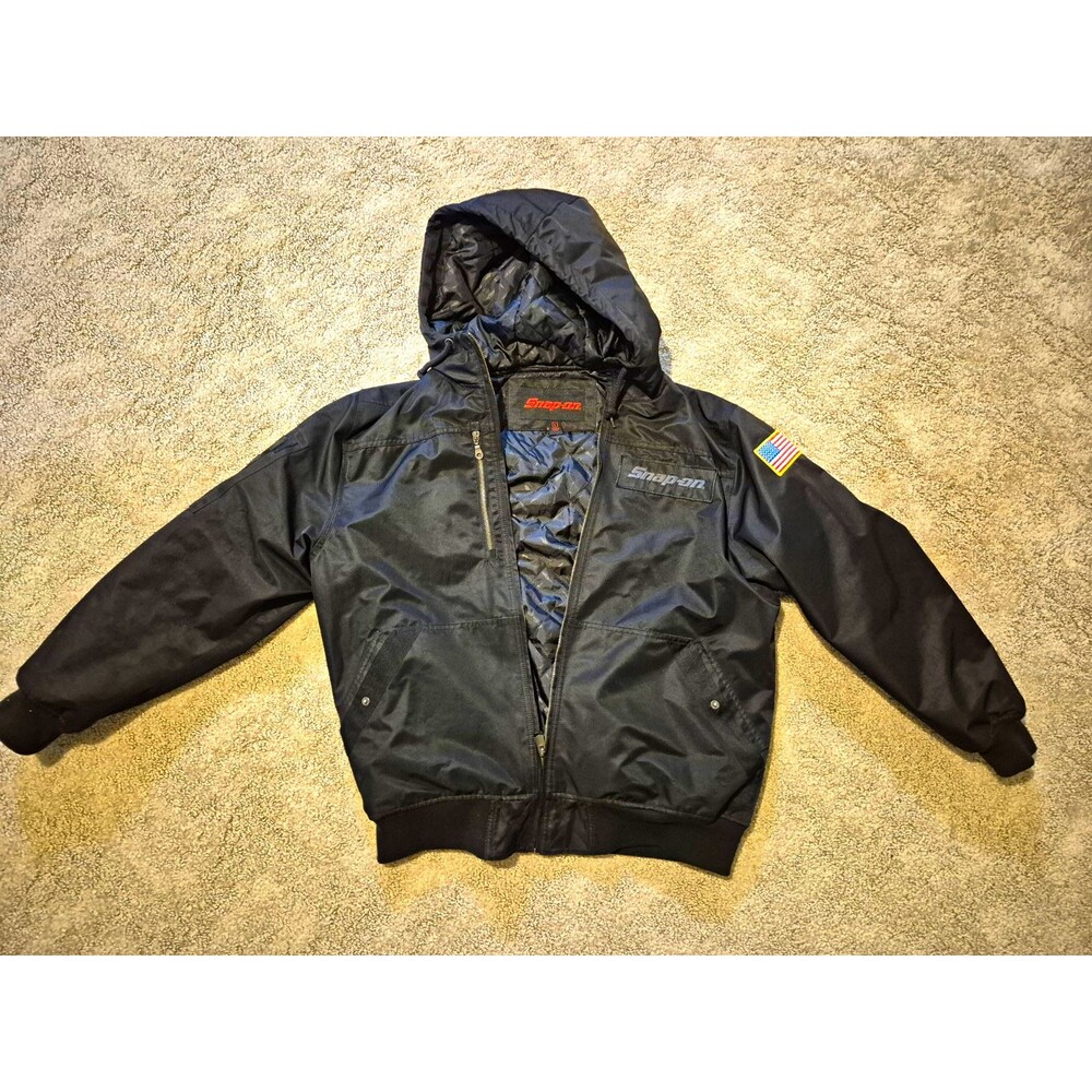 Snap On Tools Mens Large Black Hooded Work Jacket Quilted Lined USA Flag